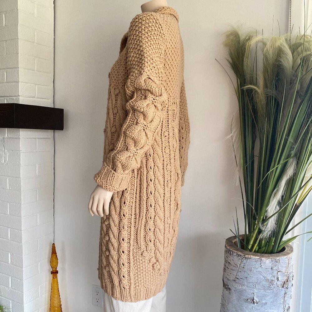 Genrty Portofino Extra Fine Wool Oversized Cable Knit Long Cardigan 4/6 Camel - Picture 3 of 16
